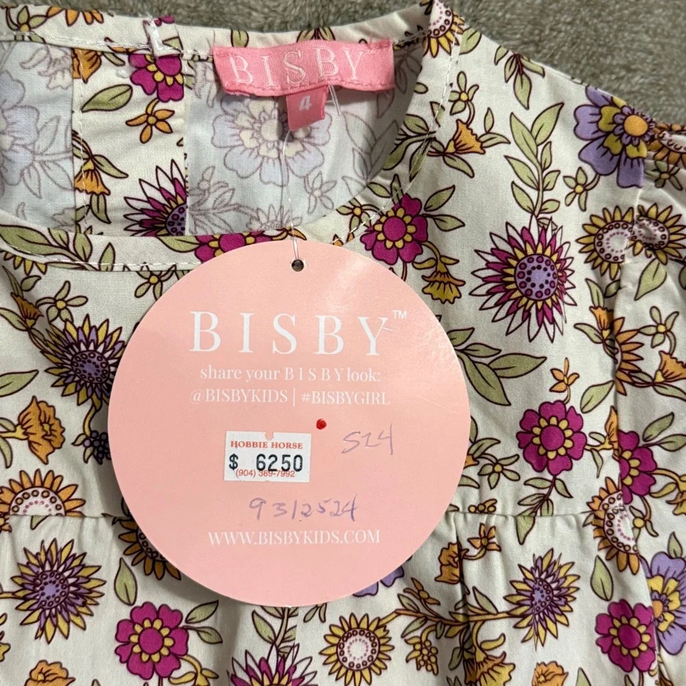 Bisby Kids Girls Floral Drop Waist Dress Long Sleeve Cotton Purple Pink Size 4